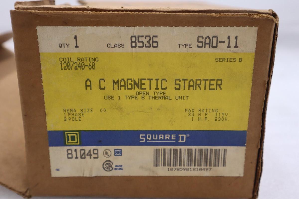 Used SQUARE-D NEMA STARTER 8536 NEMA SIZE 00 SAO-11 SERIES B STOCK 4544
