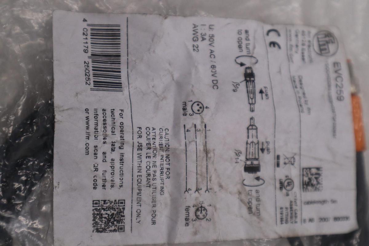 LOT OF 2 - IFM EVC259 Connection Cable M8 to M12 - STOCK H1398