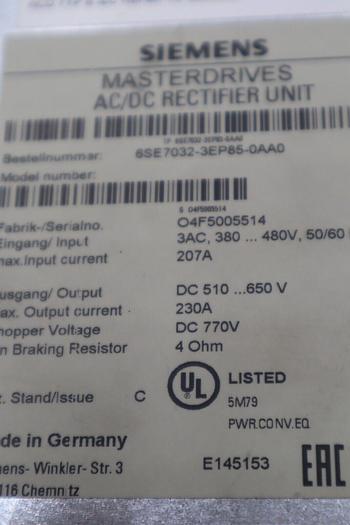 NEW Siemens 6SE7032-3EP85-0AA0 RECTIFIER AC/DC 230A IP380-480VAC STOCK 5144