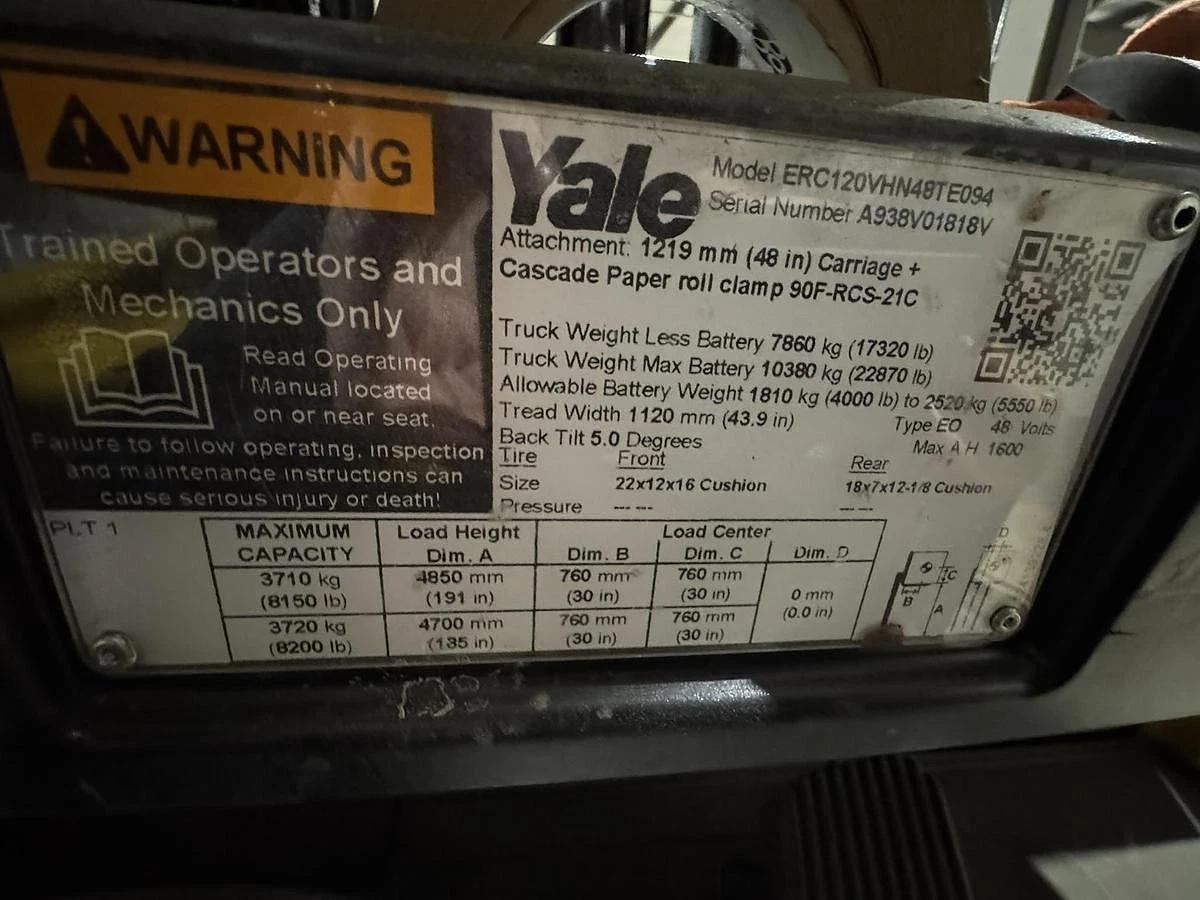 Used 12,000 LB YALE ELECTRIC ROLL CLAMP TRUCK WITH 60" CASCADE CLAMP ERC120VHN48TE094
