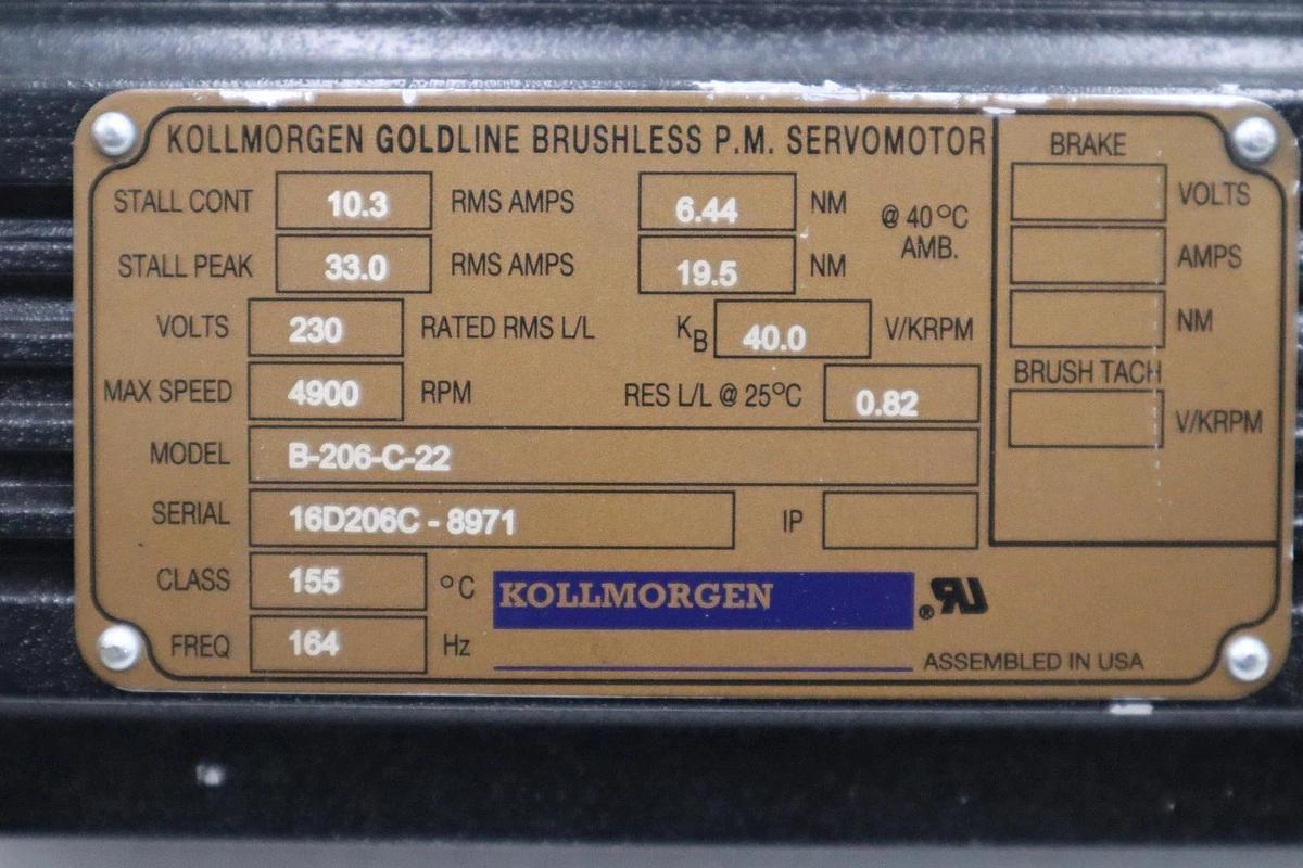 Used KOLLMORGEN B-206-C-22 Goldline Brushless P.M Servomotor STOCK H1254