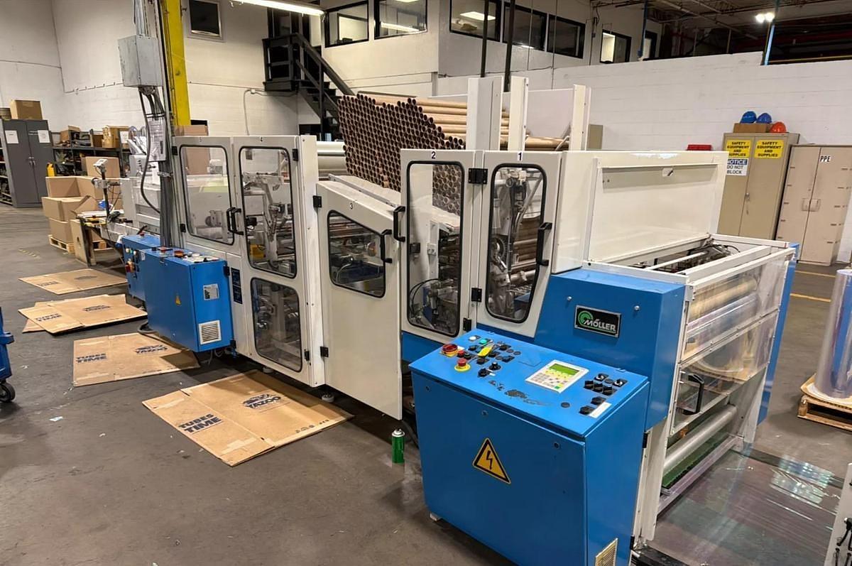 Used 40" (1000MM) MOLLER RW 1000 PLASTIC / GIFT WRAP COUNTER ROLL REWINDER LINE