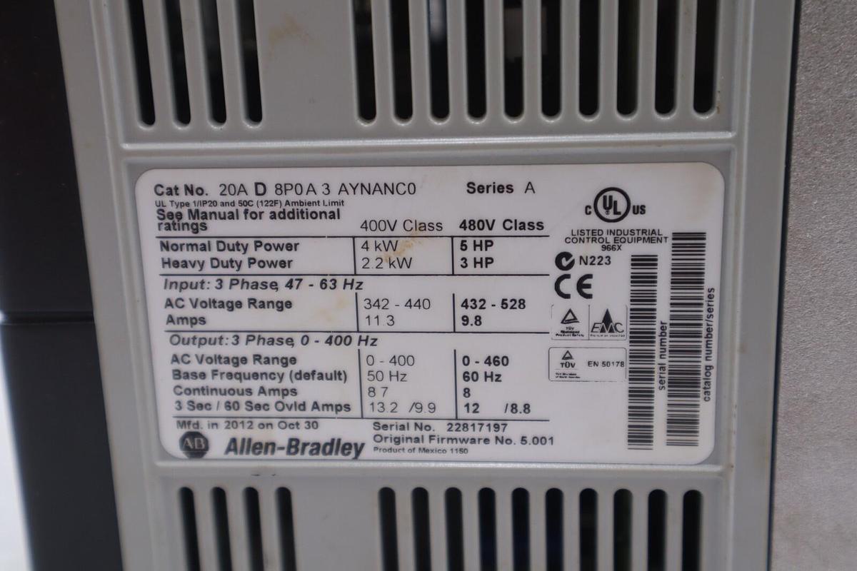 Used ALLEN BRADLEY20AD8P0A3AYNANC0 POWERFLEX 70 5HP AC DRIVE 480 VOLT STOCK 3293