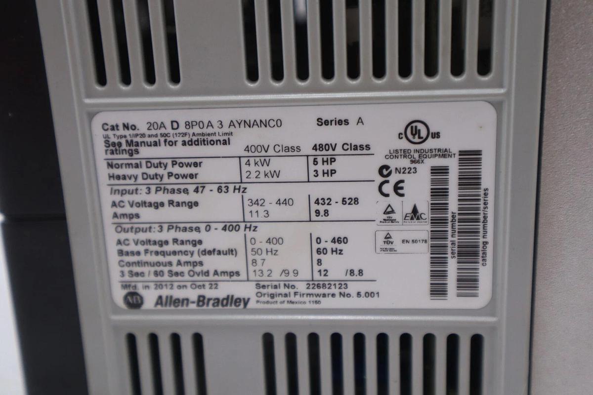 Used 20AD8P0A3AYNANC0 ALLEN BRADLEY POWERFLEX 70 5HP AC DRIVE 480 VOLT STOCK 3297