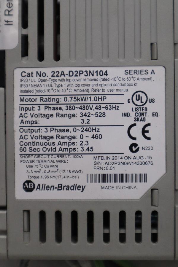 Used Allen Bradley AB 22A-D2P3N104 /A PowerFlex 4 AC Drive 1HP 3Ph 480V STOCK H1807
