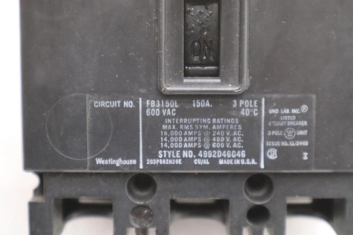 Used Westinghouse FB3150L 150 Amp 3 Pole 600v Circuit Breaker STK CC245