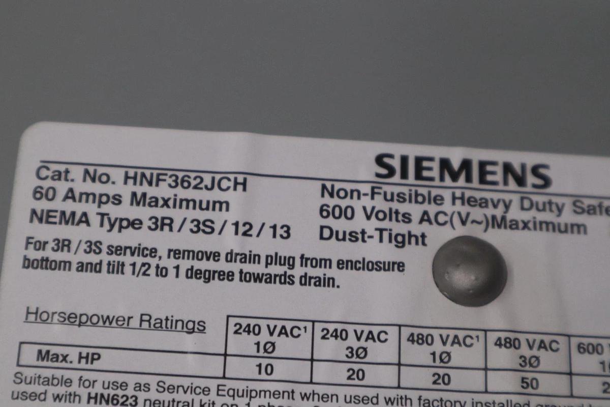 HNF362JCH - Siemens 60A 600V 3-Pole Heavy Duty Non-Fusible Safety Switch NEW