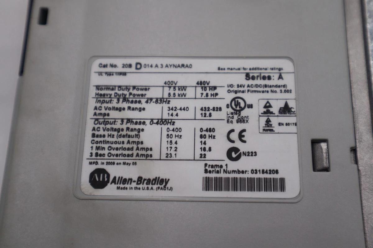 Used New Allen-Bradley PowerFlex 700 10 HP 20BD014A3AYNARA0 480 VAC FRN:3.002 1966