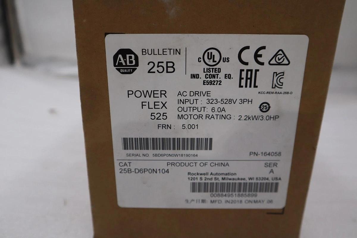 New Allen-Bradley 25B-D6P0N104 PowerFlex 525 2.2kW 3HP AC Drive STOCK H120