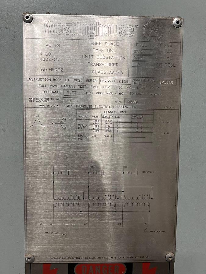 Used WESTINGHOUSE CAST COIL DRY TYPE TRANSFORMER 2000/2667 KVA 4160 DELTA / 480Y/277