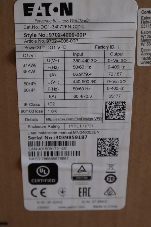 Used EATON POWERXL DG1 AC Drive 50/60HP DG1-34072FN-C21C 9702-4009-00P STOCK 4914A