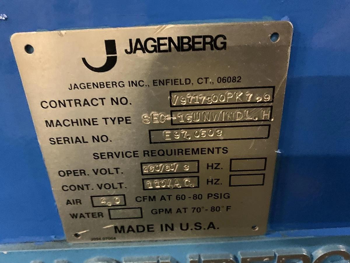 Used 87" JAGENBERG SHAFTLESS FLOOR PICK UP UNWIND STAND MDL SE-15 60" OD ROLL CAPACTY