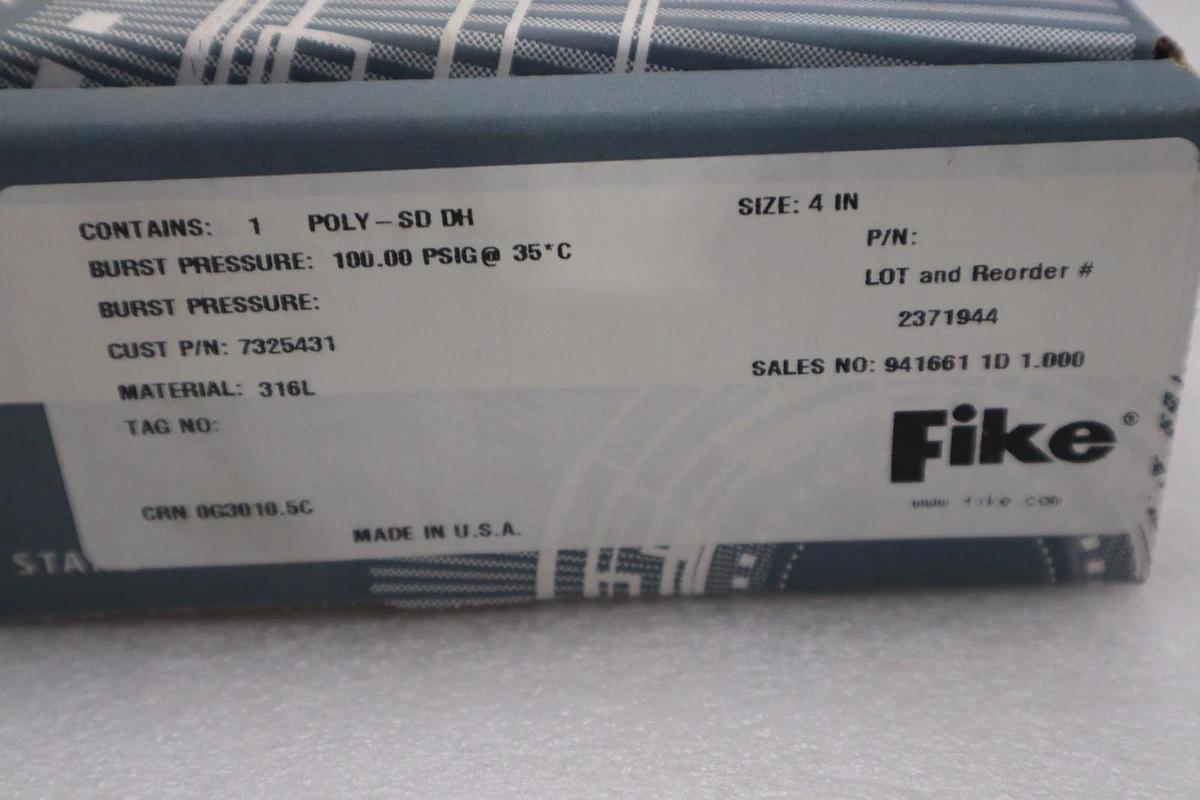 Used FIKE RUPTURE DISC POLY-SD DH 4” - NEW IN BOX - STOCK SGF140