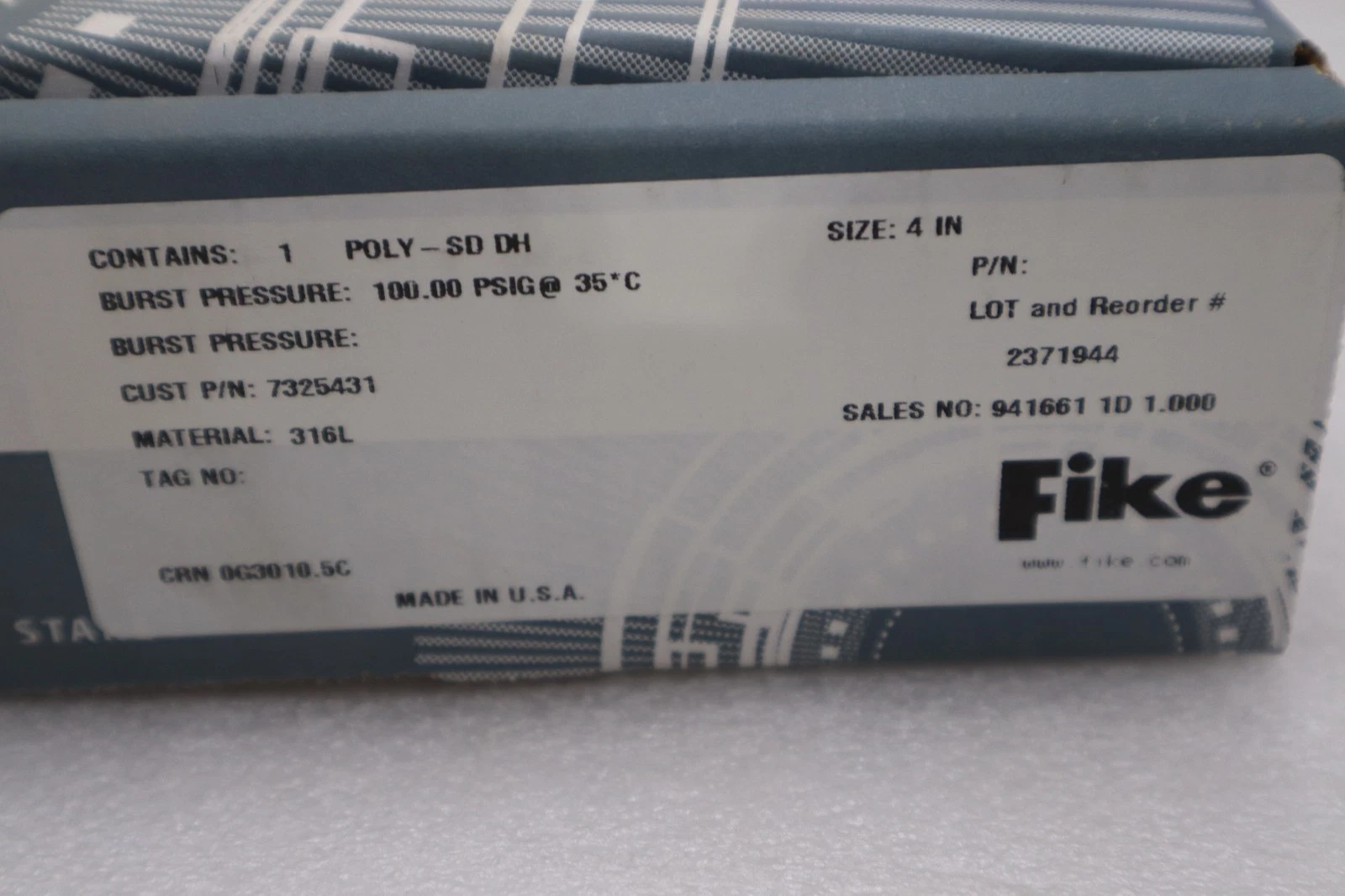 Used FIKE RUPTURE DISC POLY-SD DH 4” - NEW IN BOX - STOCK SGF140