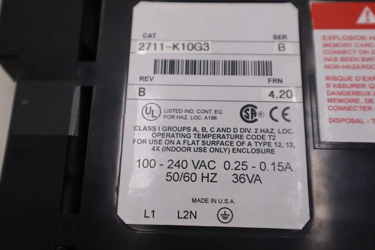 ALLEN BRADLEY 2711-K10G3 PANELVIEW 1000 SER. B REV. B FRN: 4.20 STOCK GF-191