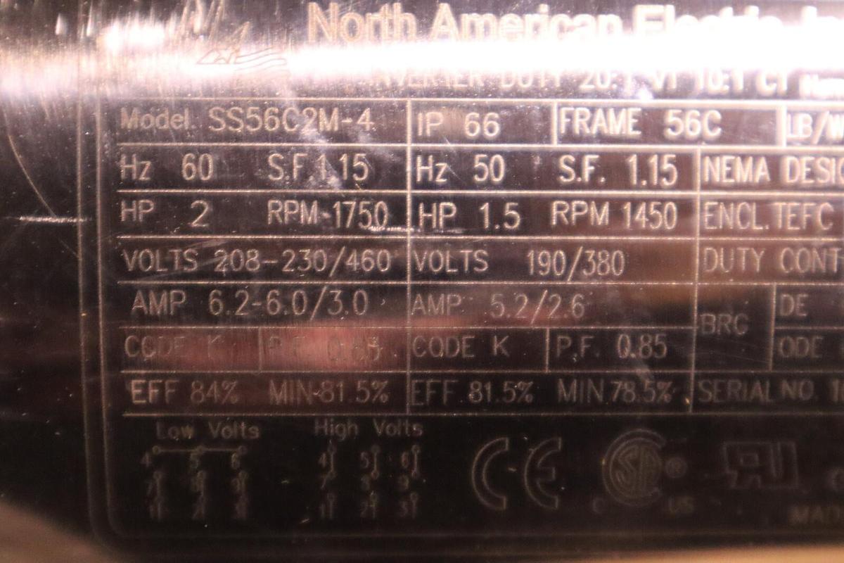NORTH AMERICAN ELECTRIC F56C2M-4 MOTOR 3450RPM 2HP 60HZ RPM 1750 STOCK S-294