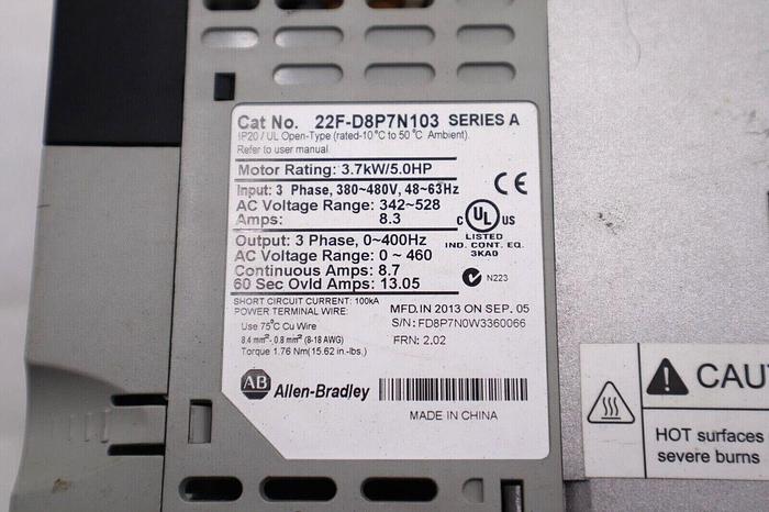 Used ALLEN BRADLEY 22FD8P7N103  POWERFLEX 4M DRIVE 480V SER A #L-388
