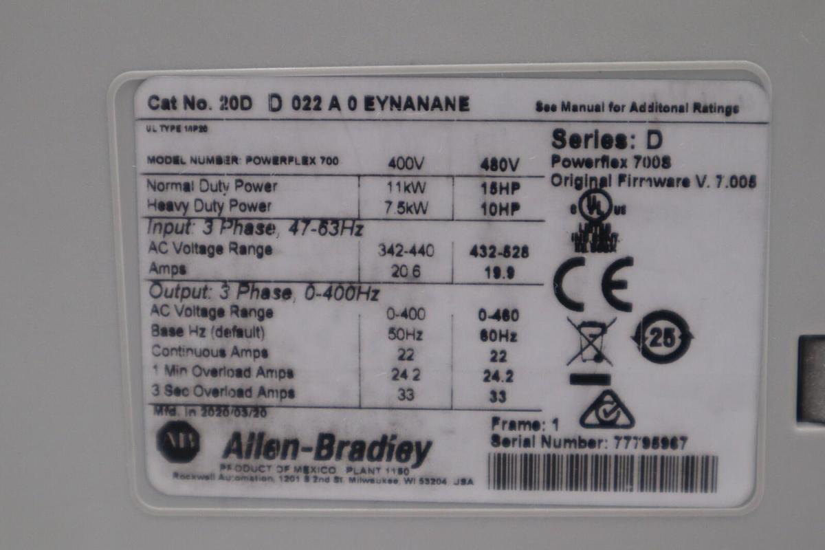 Used New 2020 Allen Bradley PowerFlex 700S VFD 20DD022A0EYNANANE 15HP STOCK 2146-A