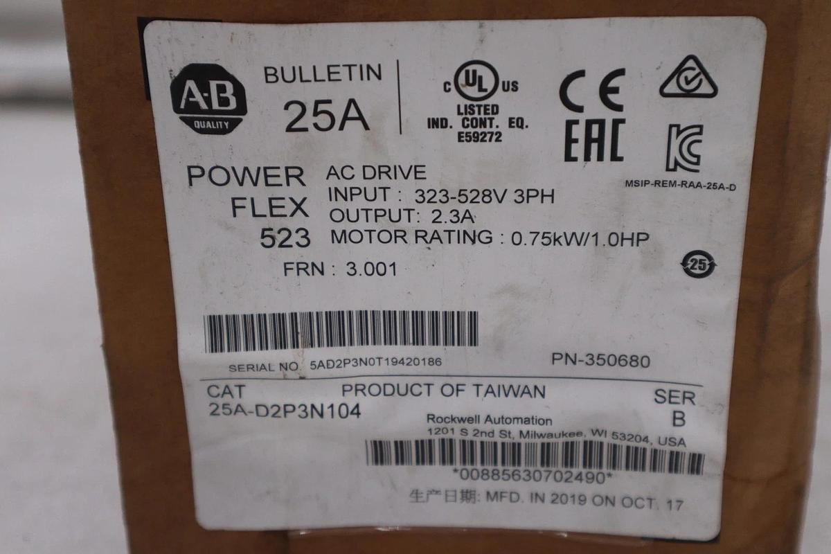 Allen-Bradley 25A-D2P3N104 PowerFlex 523 Adjustable Frequency AC Drive 1HP NEW