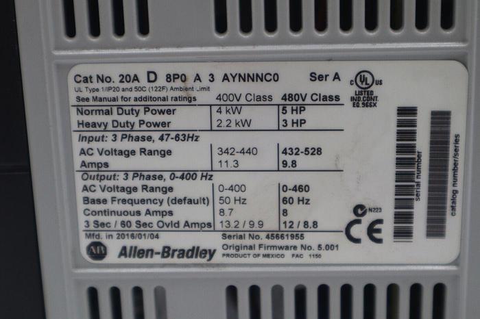 Used ALLEN BRADLEY 20AD8P0A3AYNNNC0 POWERFLEX 70 5 HP SER A STOCK #1917