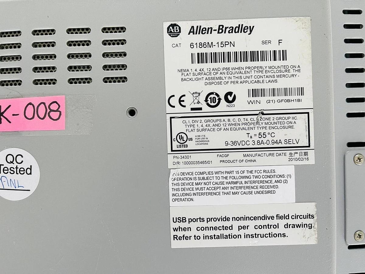 Used Allen Bradley 6186M-15PN Ser F Panelview 1500M STOCK #K-008/009/010 #K-743