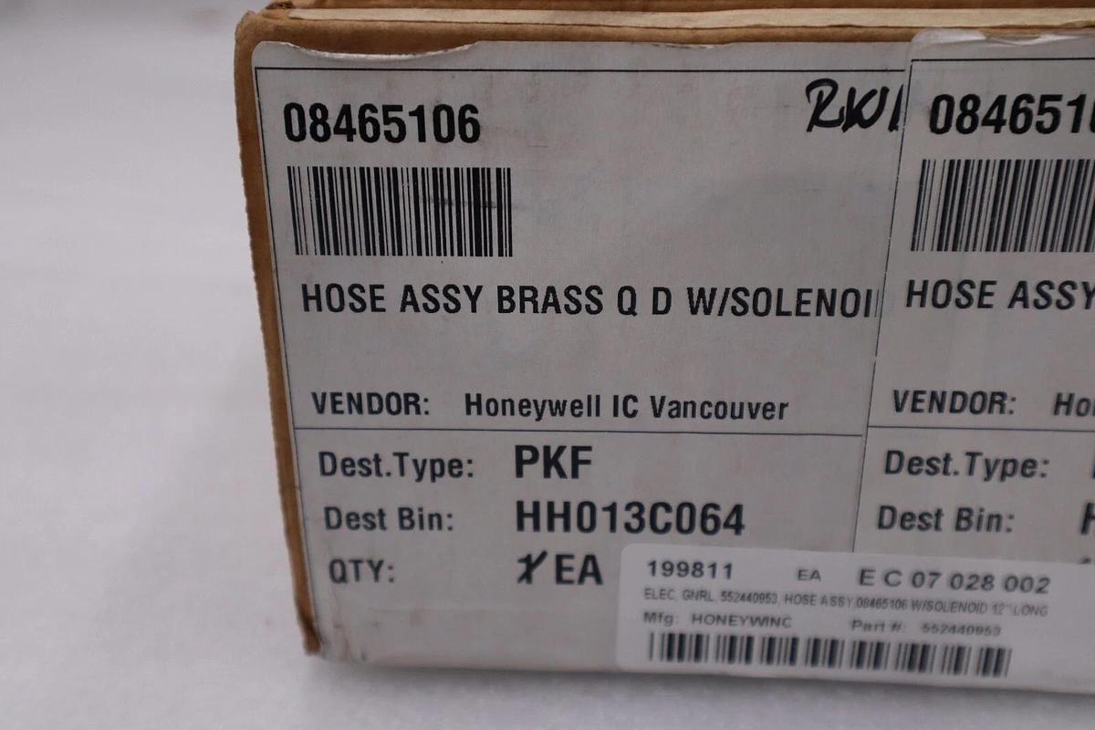 Used NEW Honeywell 08465106 REV D HOSE ASSY BRASS Q D W/ SOLENOID VALVE STOCK G223