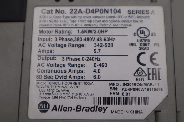 Used ALLEN BRADLEY 22A-D4P0N104 POWERFLEX 4 1.5kW/2.0HP SER A STOCK 5760