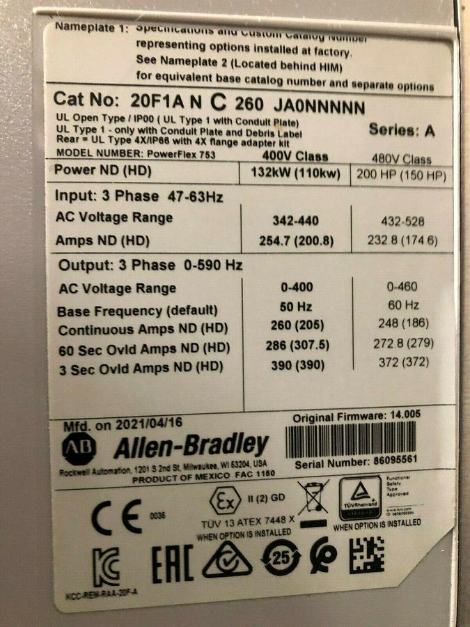 Used Allen-Bradley 20F1ANC260JA0NNNNN PowerFlex 753 AC Drive 400V 132kW 3-PH S-217