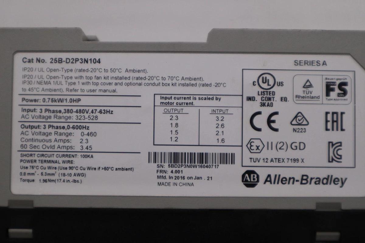 Used USED ALLEN BRADLEY 25B-D2P3N104 POWERFLEX 525 SER. A 1.0HP 25BD2P3N104 #H1819