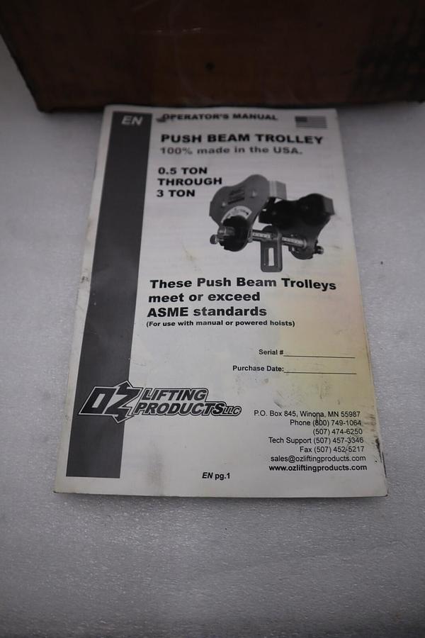 NEW IN BOX OZ 0.5 Ton 05PBTA/ OZ05PBTA PUSH BEAM TROLLEY STOCK 4419A