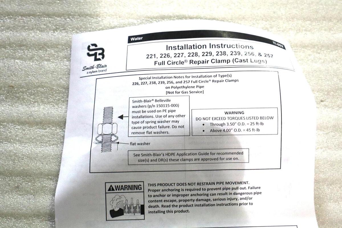 Used SMITH BLAIR 22600132007000 REPAIR CLAMP FULL CIRCLE NITRILE GASKET STOCK #1720