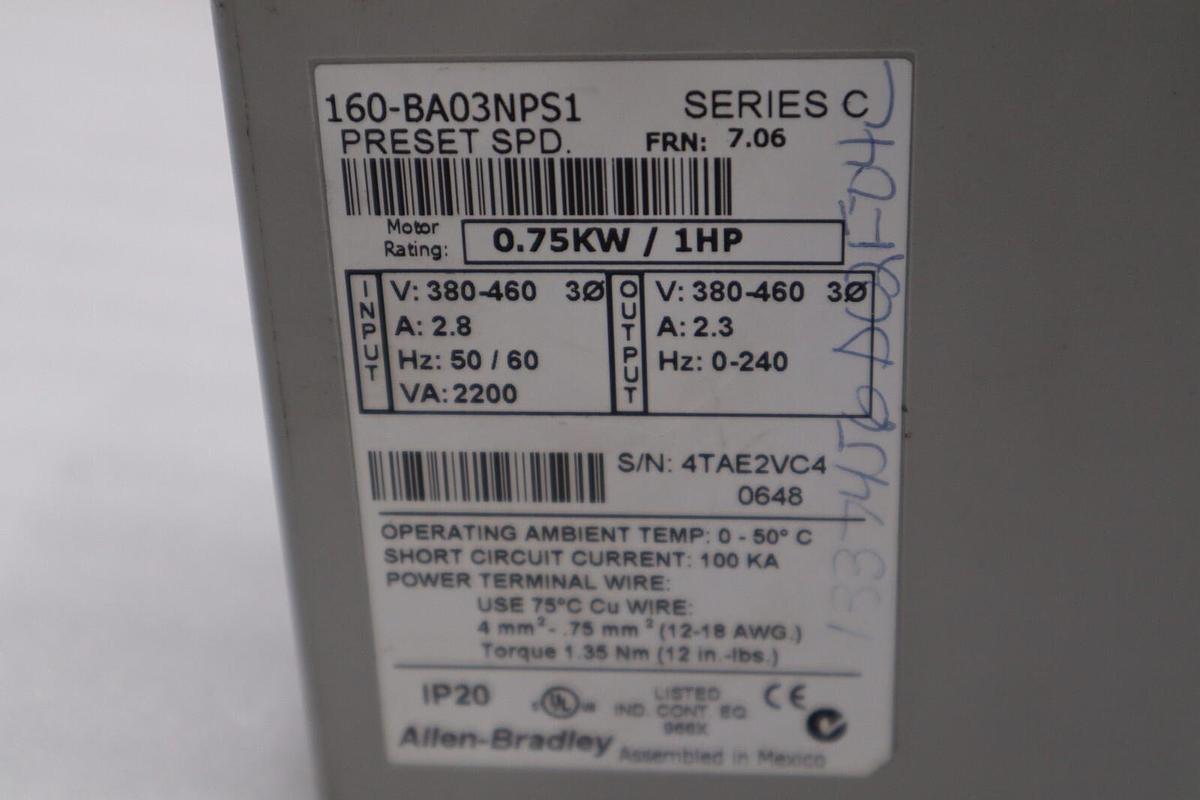 Used ALLEN BRADLEY 160-BA03NPS1 AC 1HP 380-460V-AC 0-240HZ DRIVE #H384A