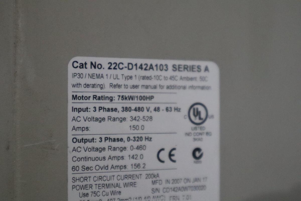 Used ALLEN BRADLEY 22C-D142A103 POWERFLEX 400 100HP STOCK S-570