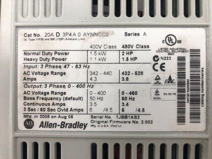 Used ALLEN BRADLEY DRIVE POWERFLEX 70 20A-D-3P4A-0-AYNNCC0 SERIES A F/W 2.002 ST 531