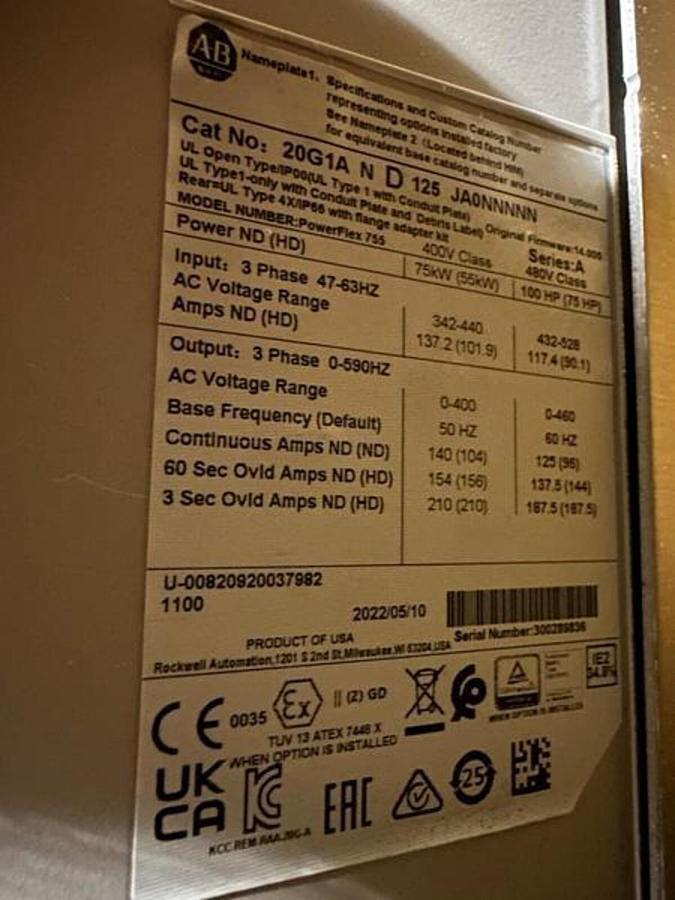 Used ALLEN BRADLEY 20G1AND125JA0NNNNN PowerFlex 755 AC Drive 100 HP NEW STOCK S-602