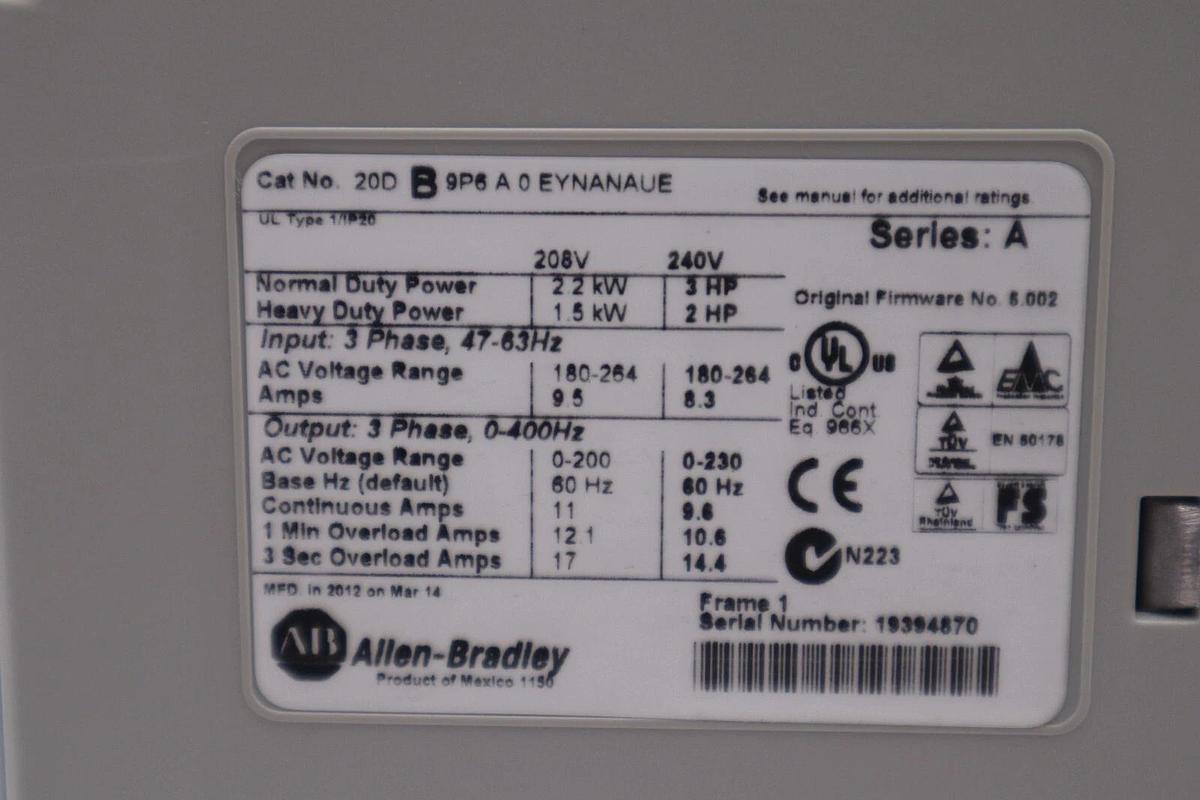 Used NEW ALLEN BRADLEY 20DB9P6A0EYNANAUE SER. A POWERFLEX 700S DRIVE 3 HP STOCK 4058