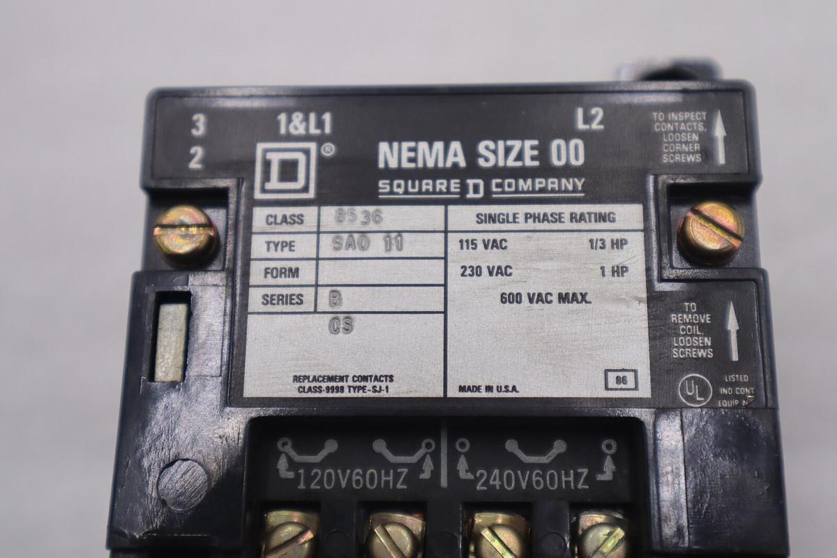 Used SQUARE-D NEMA STARTER 8536 NEMA SIZE 00 SAO-11 SERIES B STOCK 4544