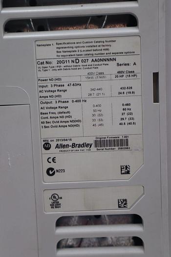 Used Allen Bradley 20G11ND027AA0NNNNN 20HP 480V PowerFlex 755 AC VFD STOCK 306-A
