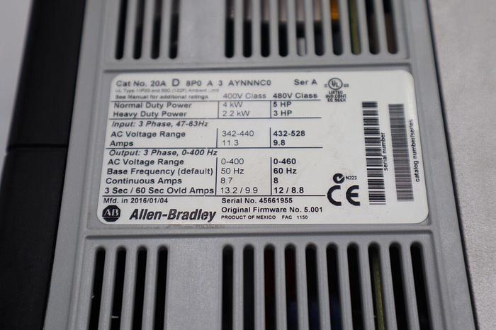 Used ALLEN BRADLEY 20AD8P0A3AYNNNC0 POWERFLEX 70 5 HP SER A STOCK #1918