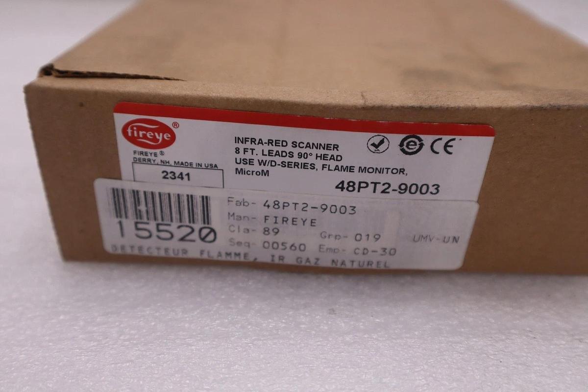 NEW OPEN BOX FIREYE 48PT2-9003 IFRA-RED SCANNER 8’ LEADS 90 DEG HEAD K319A