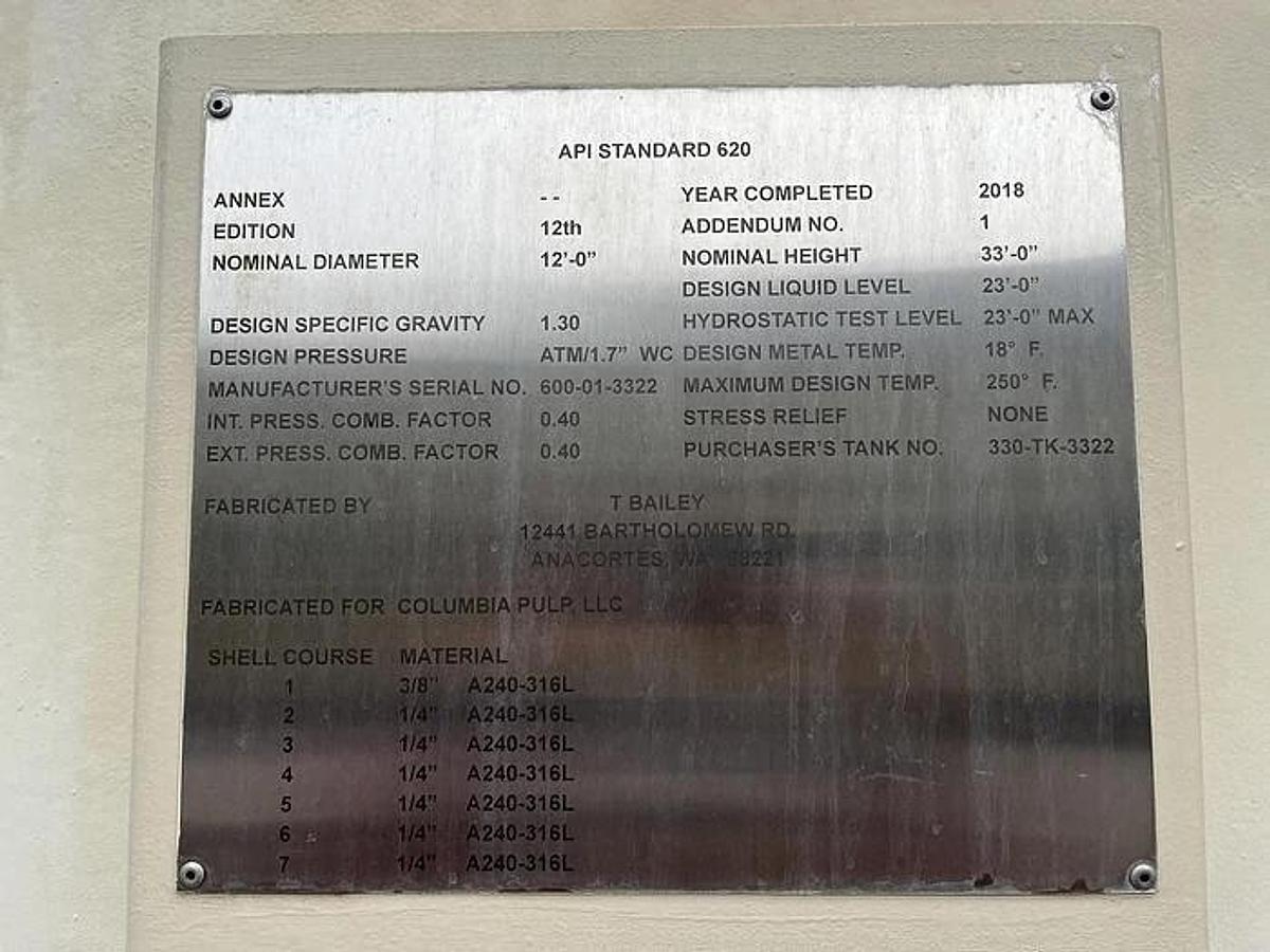 Used T BAILEY 316L STAINLESS STEEL TANK 33' TALL 12' DIAMETER MFG 2018 WITH AGITATOR