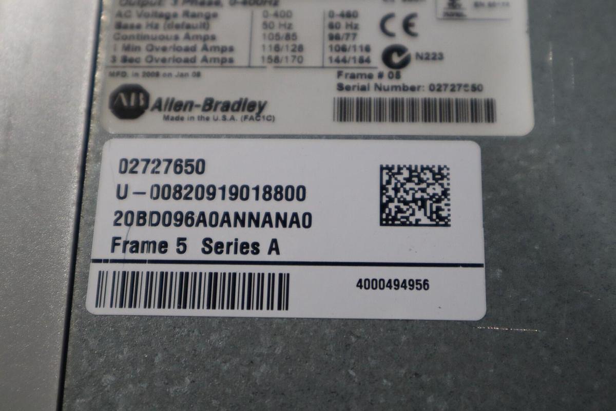 Used NEW ALLEN BRADLEY 20BD096A0ANNANA0 AC DRIVE POWERFLEX 700 3 PHASE STOCK S-599