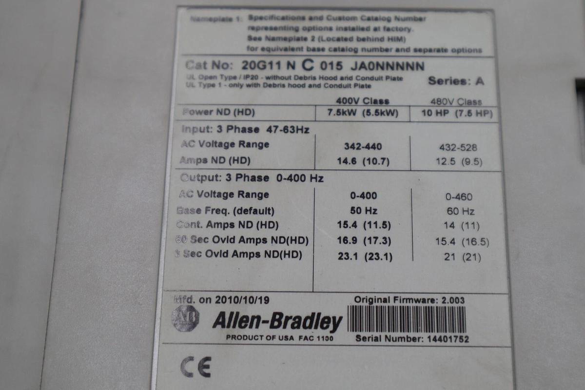 Used ALLEN BRADLEY 20g11nc015ja0nnnnn SER A 10HP POWERFLEX DRIVE W/ HIM STOCK 2045