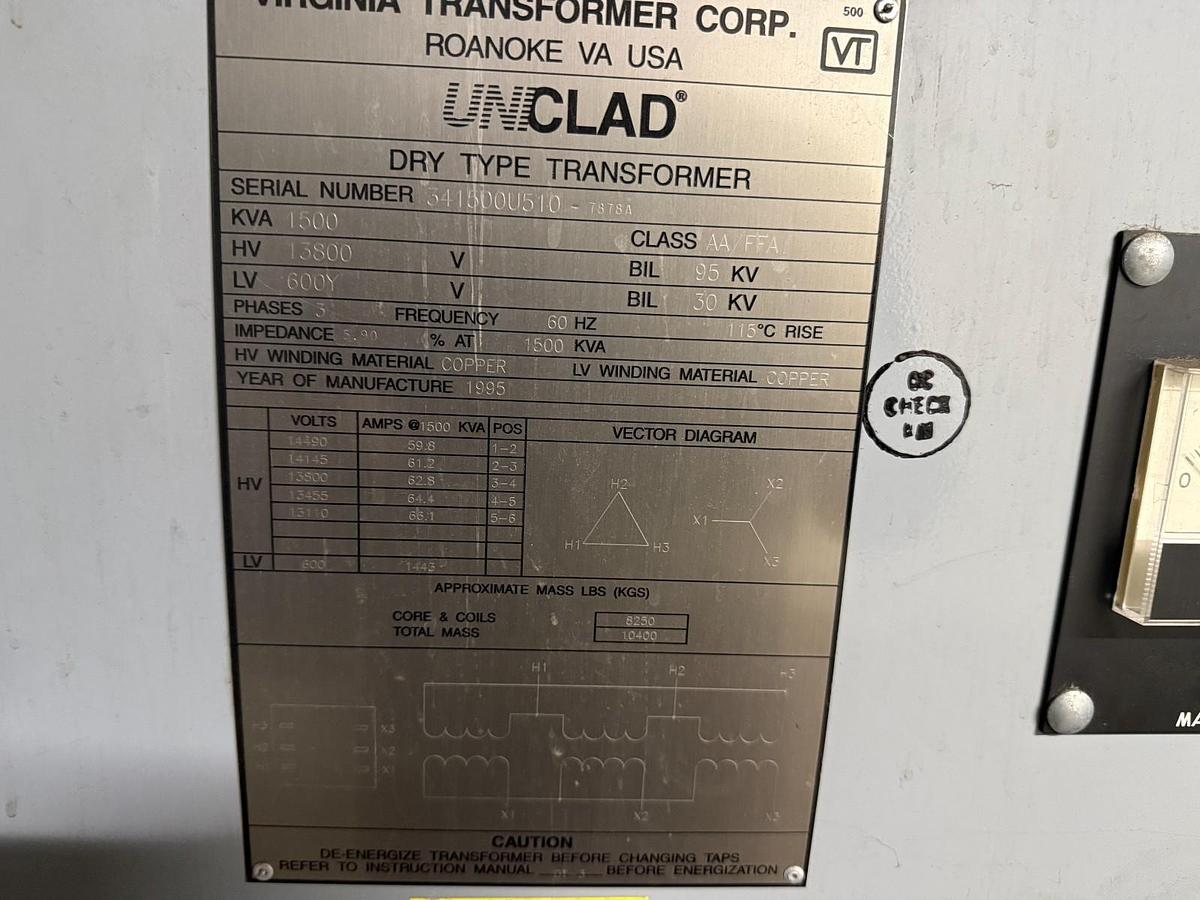 Used Virginia 1500 kVA 13800 Delta to 600Y 3PH Dry Type Transformer Copper Windings