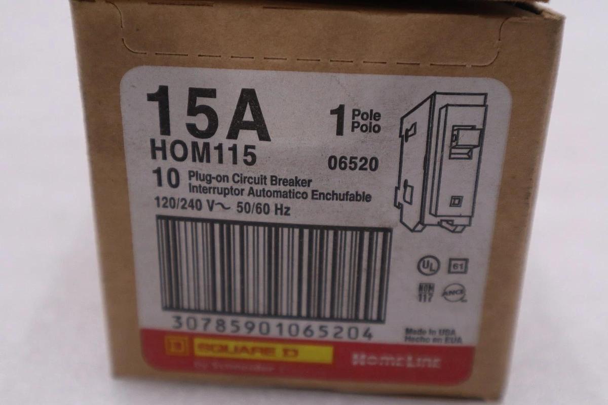 Used BOX OF 10 - SQUARE D HOM115 15 Amp Single-Pole Circuit Breaker - STOCK GF144A