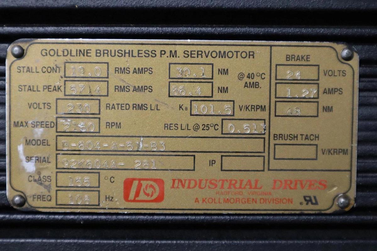 Used Kollmorgen B-604-A-51-B3 Brushless Goldline Servo Motor STOCK S696