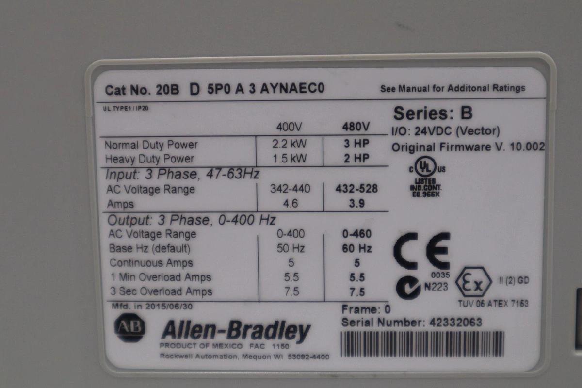 Used Allen Bradley 20BD5P0A3AYNAEC0/ B Powerflex Drive 3HP 3 Phase STOCK 2314C