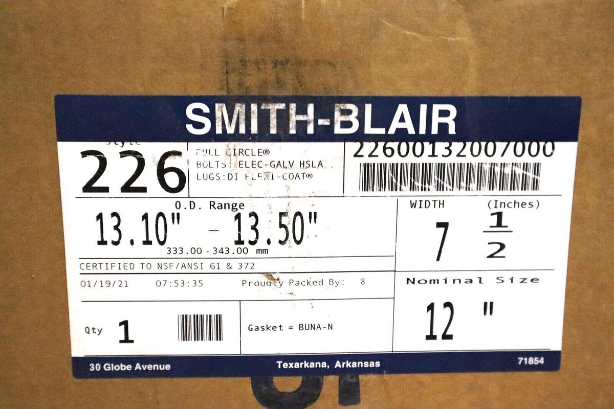 Used SMITH BLAIR 22600132007000 REPAIR CLAMP FULL CIRCLE NITRILE GASKET STOCK #1720