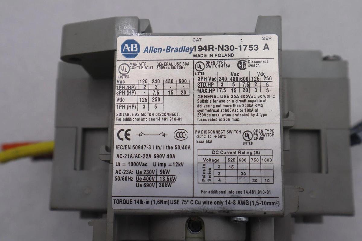 Used 194R-N30-1753 Allen Bradley Disconnect Switch Stock K-633A