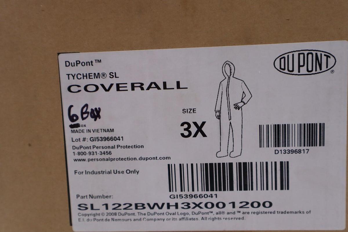 Used DUPONT TYCHEM 4000 SL SIZE 3X, WHITE, 6 PC CASE, SL122BWH3X001200 STOCK 2933
